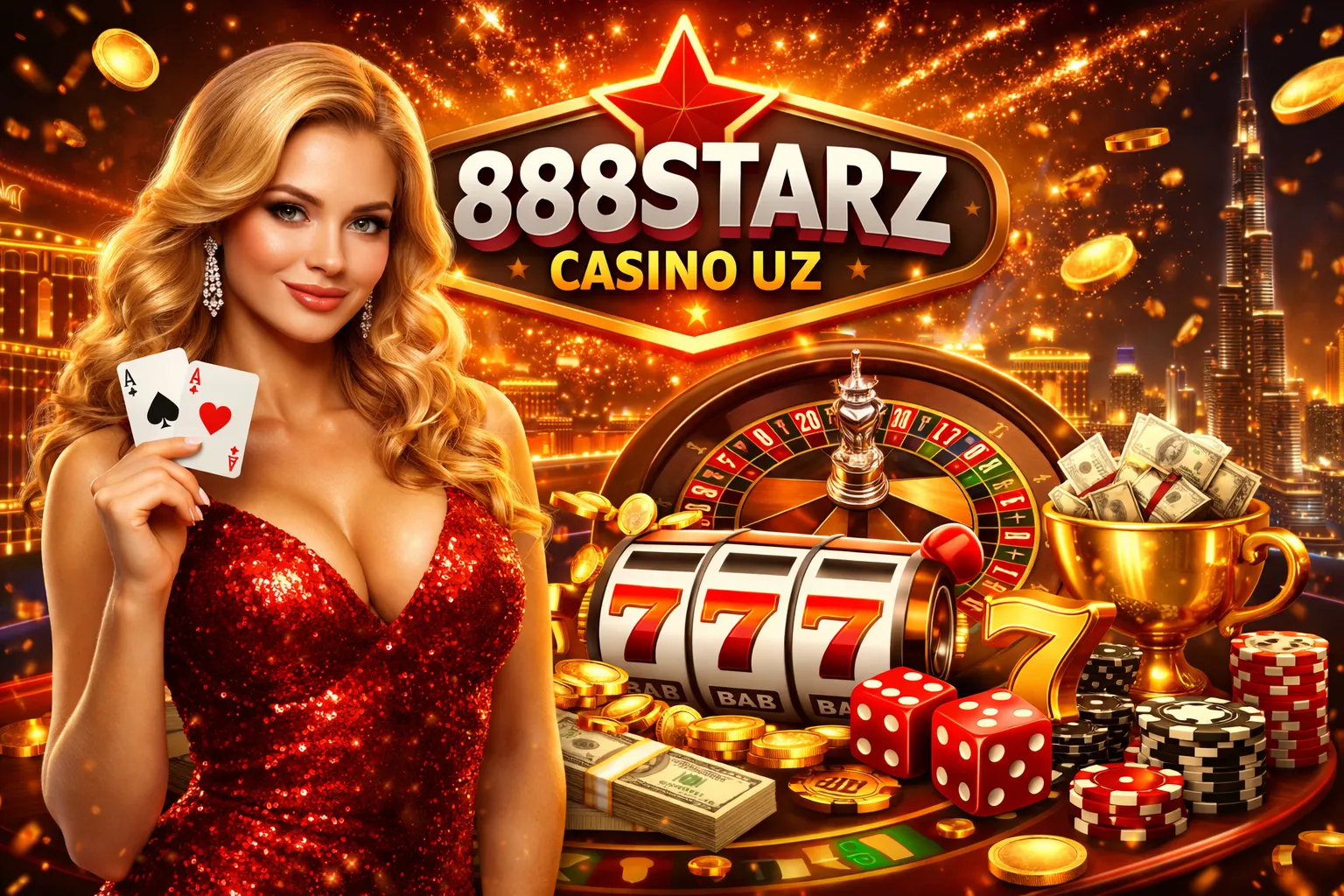 Реклама казино 888Starz с яркой дамой